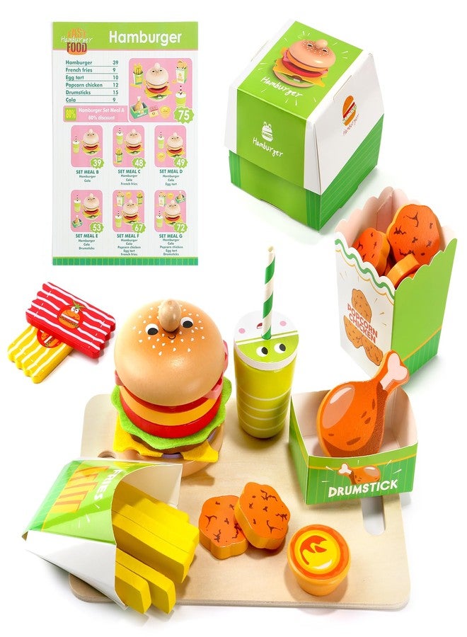 Gserin Wooden Hamburger Play Food Set for Kids, Fast Food Playset with Tray, Pretend Play Kitchen Accessories for Toddlers - Image 1